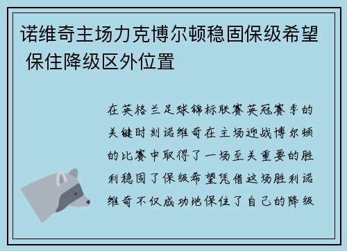 诺维奇主场力克博尔顿稳固保级希望 保住降级区外位置
