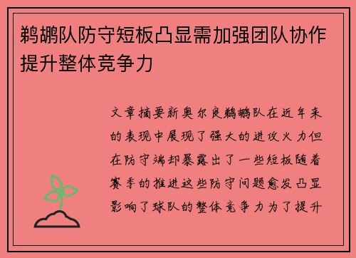 鹈鹕队防守短板凸显需加强团队协作提升整体竞争力