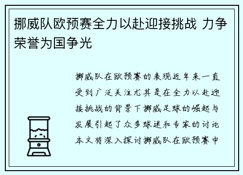 挪威队欧预赛全力以赴迎接挑战 力争荣誉为国争光